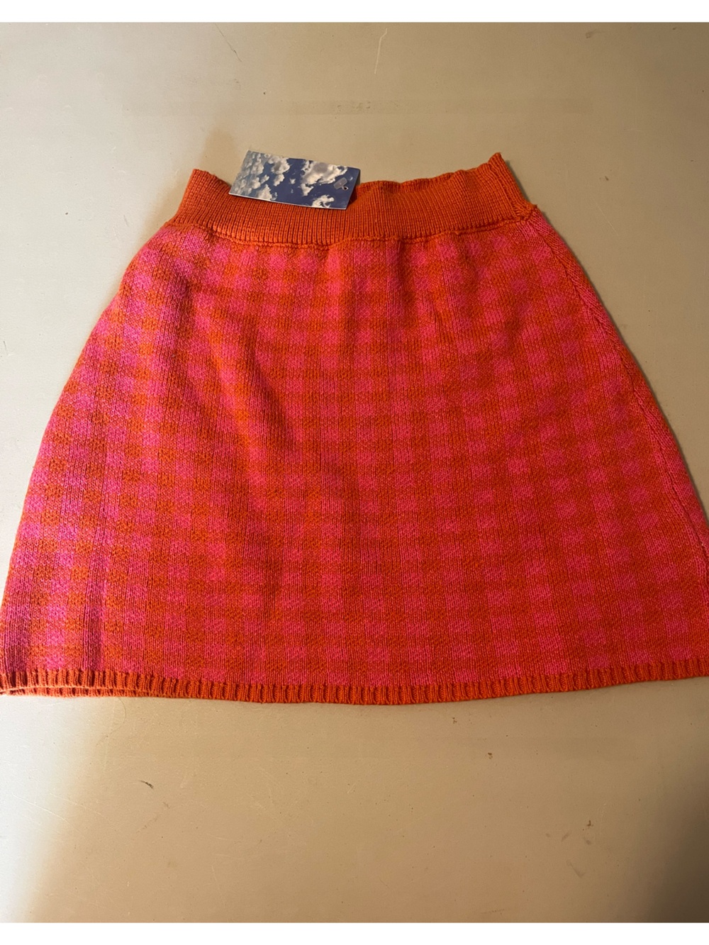 NWT! Hersy Iggy Knit Mini Skirt Pink Orange Plaid Checked (Size S)